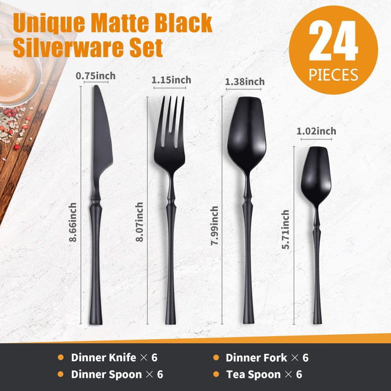 Lemeya 24-Piece Black Silverware Set for 6,Modern 18/10 Stainless Steel Flatware Set,Unique Rustic Cutlery Utensils Set,Spoon and Fork Set for Home, Restaurant,Wedding,Mirror Polished,Dishwasher Safe - Image 2